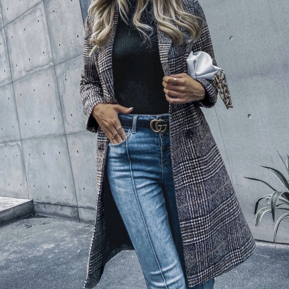 plaid double breasted pea coat winter jacket gray - Picture 2 of 4